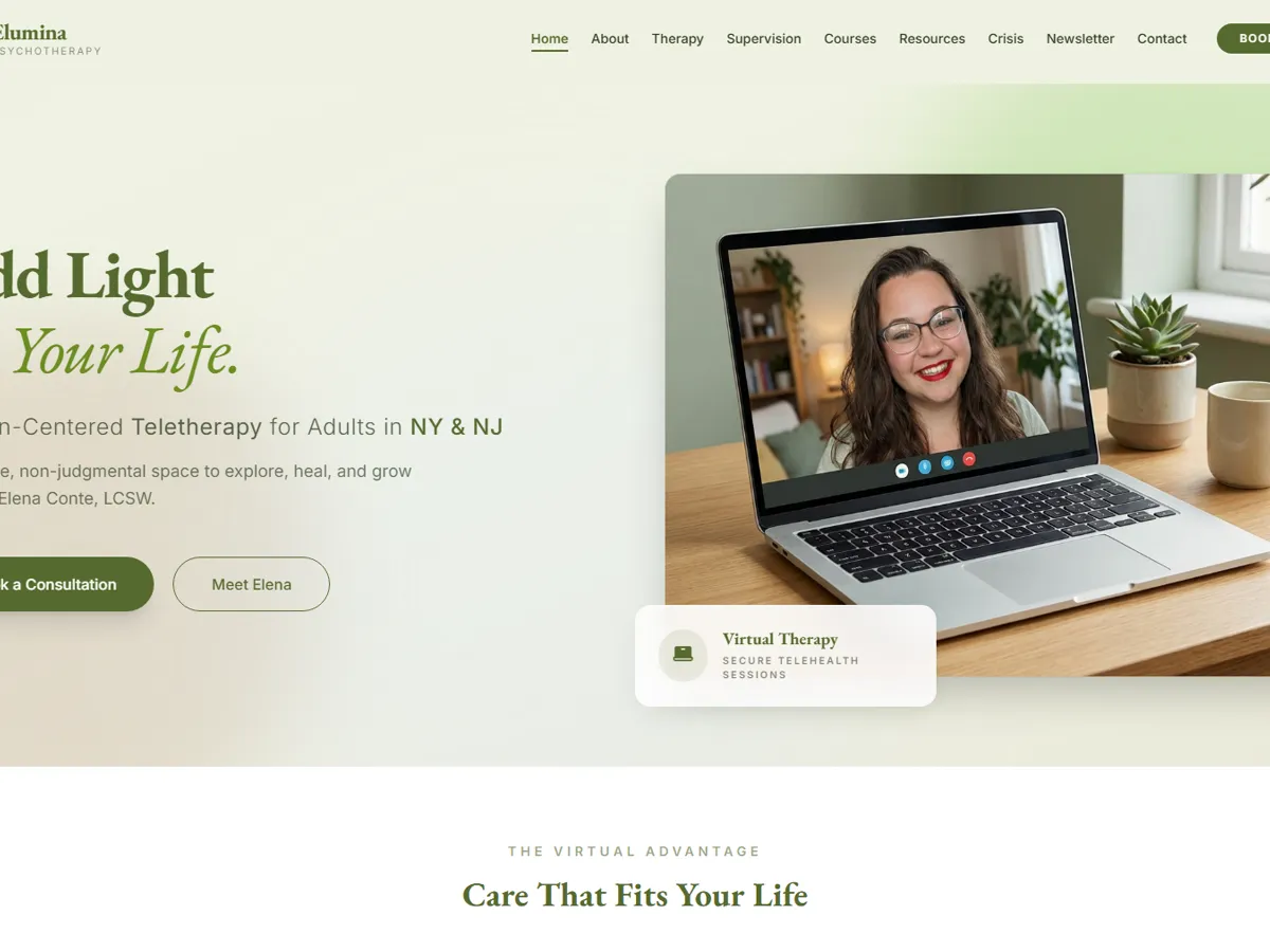 Elumina Psychotherapy live site for Elena Conte, LCSW